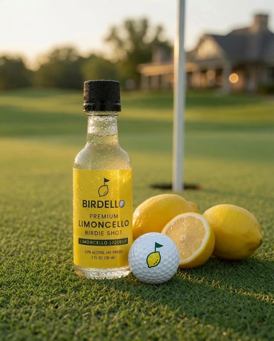 Birdello — A Premium Limoncello Birdie Shot, 50 mL, beside fresh lemons and a branded golf ball on the green at sunset