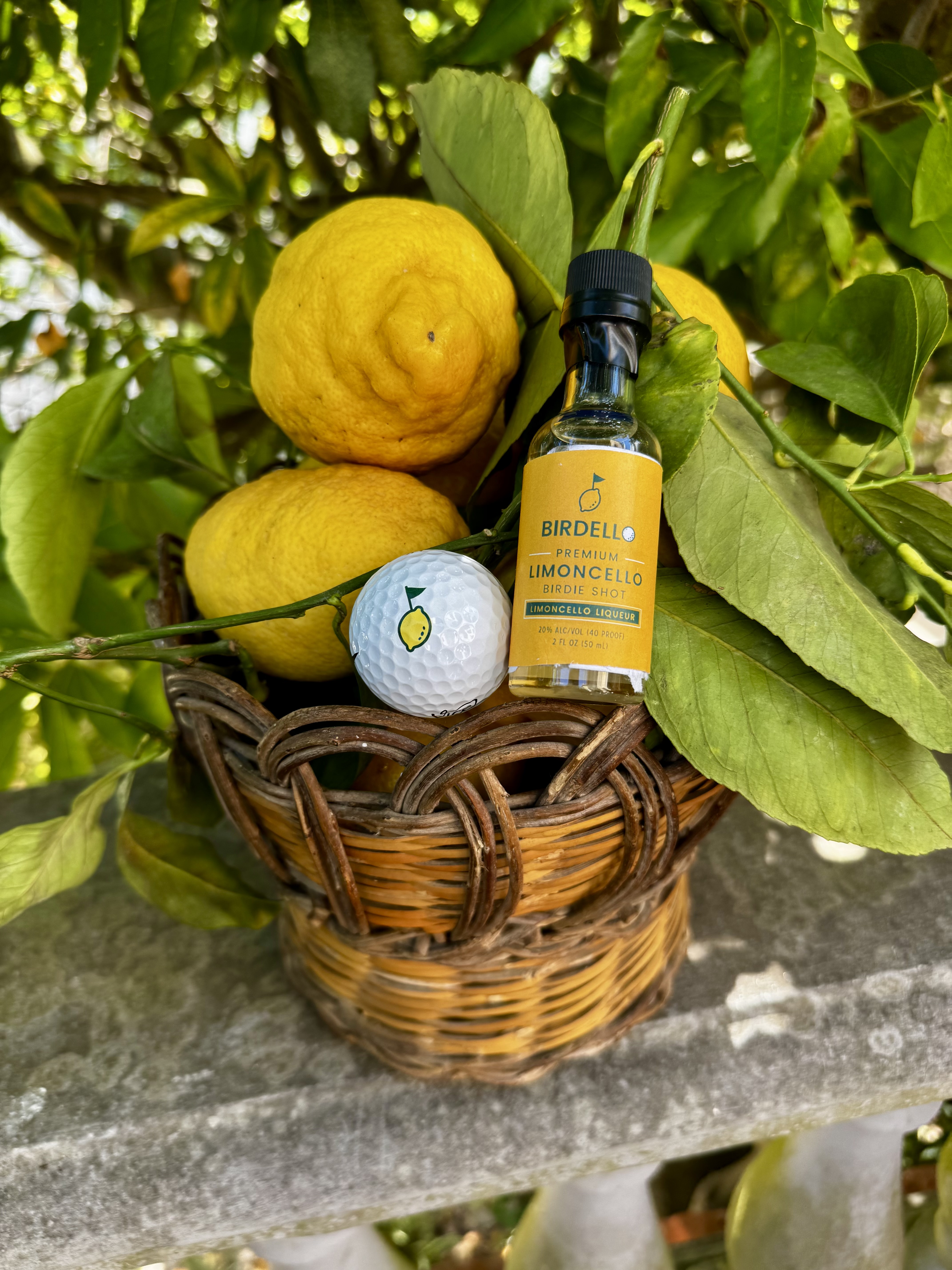 Birdello limoncello birdie shot with fresh Amalfi-style lemons in a basket